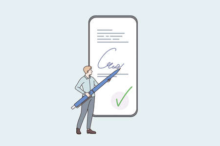 Electronic signature and technologies concept. Small man standing holding big pen in his hands making signature signing paper online on smartphone screen vector illustrationのイラスト素材