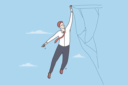Business risk and crisis concept. Young businessman in tie hanging dangerously on edge of cliff holding by one hand feeling unconfident vector illustrationのイラスト素材
