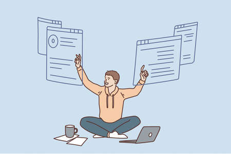Freelance work and remote location concept. Young smiling man worker witting on floor with laptop...