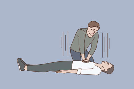 First aid and heart massage concept. Young stressed man sitting on knees making heart massage to lying on ground man vector illustrationのイラスト素材