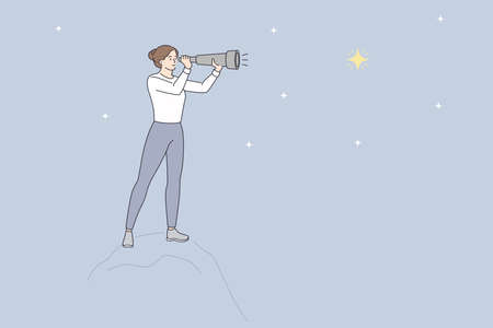 Looking at stars with binoculars concept. Young woman cartoon character standing looking at stars on sky through binoculars vector illustrationのイラスト素材