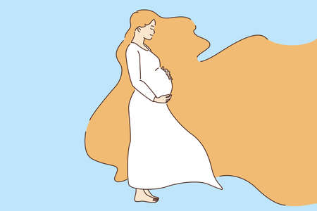 Beauty of pregnant woman concept. Young smiling pregnant woman cartoon character standing hugging belly feeling happy with hair flying vector illustrationのイラスト素材