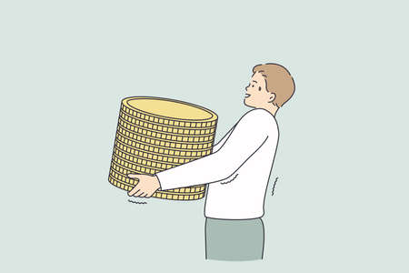 Profit, making money, financial success concept. Young worker businessman cartoon character carrying heap of golden coins in hands meaning wealth and profit vector illustrationのイラスト素材