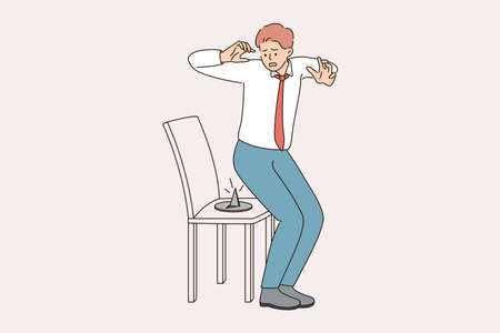 Deadlines and stress in business concept. Young stressed frustrated businessman looking with panic at chair with push button on it vector illustrationのイラスト素材