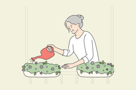 Elderly people happy lifestyle concept. Smiling old mature elderly woman grandmother standing watering flowers in pots on balcony vector illustrationのイラスト素材