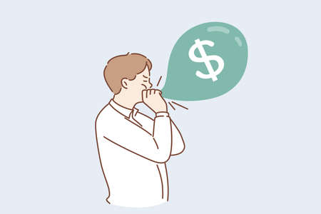 Making money, Profit, financial success concept. Young man worker businessman cartoon character standing inflating bubble with dollar currency sign vector illustrationのイラスト素材