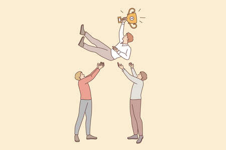 Business success, leadership, teamwork concept. Two smiling businessmen cartoon characters standing putting on air winner businessman successful leader flying in air vector illustrationのイラスト素材