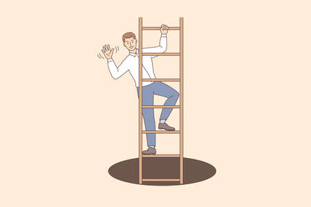 Business success and development concept. Young smiling businessman cartoon character waving hand standing on ladder climbing up vector illustrationのイラスト素材