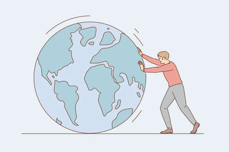 Environmental conversation and save earth concept. Young man cartoon character pulling planet earth with hands rolling it towards alone vector illustrationのイラスト素材