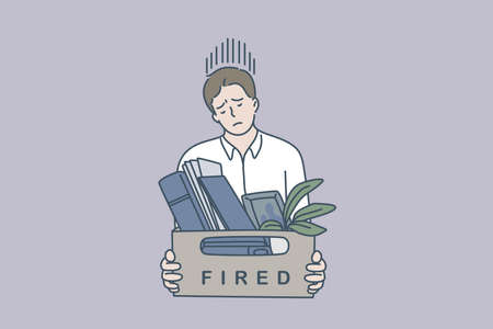 Feeling sad of being fired concept. Young man worker standing feeling stressed being fired holding box with belongings vector illustrationのイラスト素材