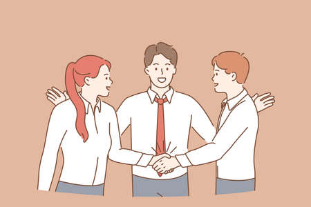 Teamwork, collaboration and business partnership concept. Group of Young men and women workers cartoon characters standing shaking hands after successful deal meaning success and achievementのイラスト素材