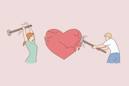 Problems in relations, conflict, break up concept. Young furious couple hitting huge red heart with hammers bitting relationships splitting up vector illustrationのイラスト素材