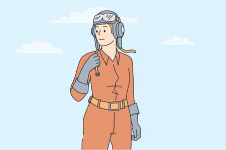Woman working as pilot concept. Young smiling woman in helmet and protective clothes standing looking away feeling freedom and confidence vector illustrationのイラスト素材