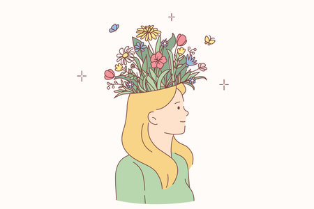 Woman with blooming head concept. Young smiling blonde female cartoon character standing having blooming flower bouquet on head vector illustrationのイラスト素材