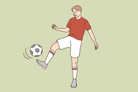 Sport hobby and active lifestyle concept. Young smiling man boy cartoon character kicking ball playing soccer in sportswear vector illustrationのイラスト素材