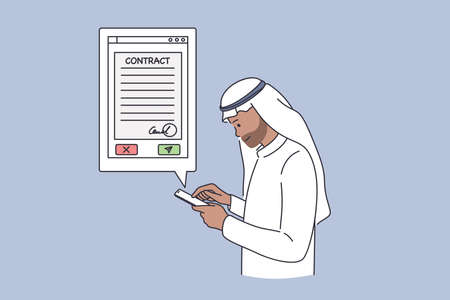 Arab business contracts online concept. Arab Emirate Businessman cartoon character standing with smartphone searching for Agreement contract information in internet vector illustrationのイラスト素材