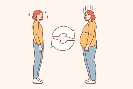 Overweigh and getting loose concept. Young smiling fit slim woman and depressed over weight fat woman standing towards each other feeling different vector illustrationのイラスト素材