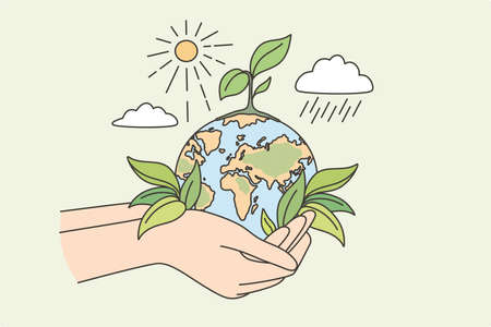 Ecology, sustainable nature, planet conversation concept. Hands human holding earth planet with growth plant sun and rain around taking care vector illustrationのイラスト素材
