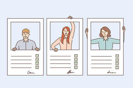 Resume, questionnaire and fulfilling forms concept. Profiles of young people candidates with signs...