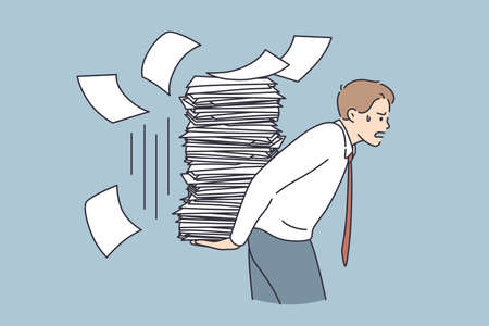 Overwork, stress, exhaustion at work concept. Young tired stressed businessman cartoon character carrying heap of papers having much duties things to do vector illustrationのイラスト素材