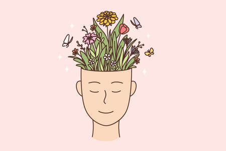 Creativity, personal development, individual growth concept. Human hand with smile and full of flowers blooming in pot vector illustrationのイラスト素材