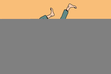 Acrobatics and feeling positive concept. Young positive girl cartoon character standing balancing on hands barefoot over yellow background vector illustrationのイラスト素材