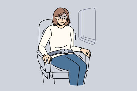 Aerophobia and being afraid of flights concept. Young stressed woman cartoon character sitting in plane near window feeling shock vector illustrationのイラスト素材