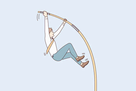 Business challenge and confidence concept. Young smiling businessman cartoon character jumping with stick to achieve goal vector illustrationのイラスト素材