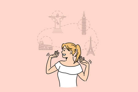 Traveling and dreaming of vacations concept. Young smiling blonde woman cartoon character standing dreaming of trip to Rome Rio London and Paris vector illustrationのイラスト素材