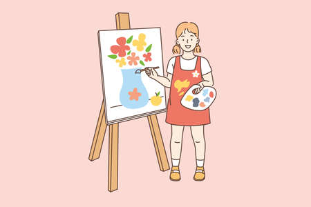 Drawing painting and hobby concept. Smiling girl cartoon character standing over canvas and painting flowers in vase with brush vector illustrationのイラスト素材