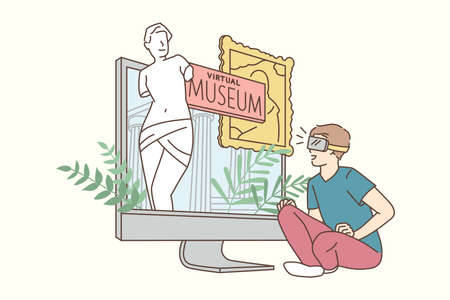 Virtual museum and technologies concept. Smiling boy cartoon character sitting looking at laptop screen with virtual museum online vector illustrationのイラスト素材