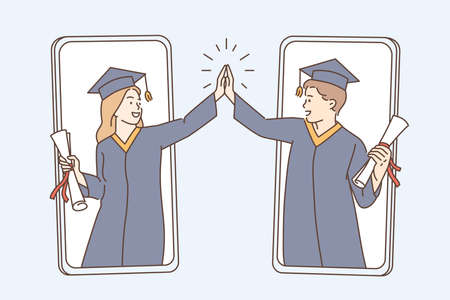 Online graduation from university concept. Smiling happy graduates boy and girl shaking hands celebrating success online from smartphone screens vector illustrationのイラスト素材