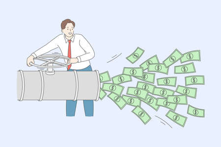 Financial success and wealth concept. Young smiling businessman standing and blowing heaps of cash money dollars from tube vector illustrationのイラスト素材