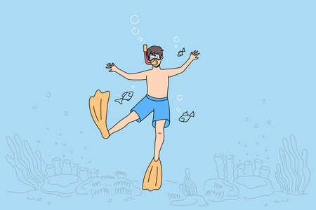 Boy child in scuba and swim fins snorkeling under water in sea. Happy kid in swimwear diving in ocean. Active summer vacation or holiday. Marine entertainment. Flat vector illustration.のイラスト素材
