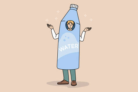 Smiling man dressed in water bottle advertise recommend healthy lifestyle. Happy male in costume in mineral aqua advertisement. Ad, body refreshment, hydration concept. Vector illustration.のイラスト素材