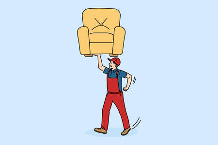 Happy man porter in workwear carry chair engaged in moving or relocation. Smiling loader move stuff relocate house or apartment. Delivery service concept. Flat vector illustration.のイラスト素材