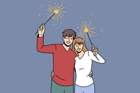 Happy couple lovers with festive fireworks hug cuddle celebrate New Year together. Smiling man and woman with lights enjoy Christmas party or celebration. Winter holiday. Vector illustration.のイラスト素材