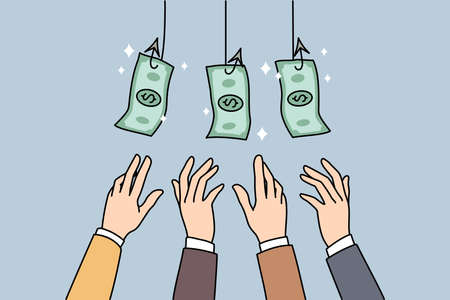 People compete for money banknotes strive for wealth. Employees workers stretch hands for dollar...
