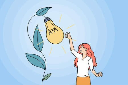 Motivated young woman grow creative business idea, caress lightbulb come from flower. Happy girl...