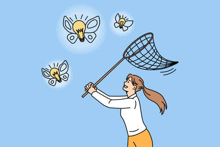 Motivated woman with net catch butterfly innovative business ideas flying. Confident girl trap light bulbs search for creative thoughts. Innovation, brainstorming concept. Vector illustration.のイラスト素材