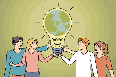Diverse people hold lightbulb with planet earth inside show care for environment. Happy men and women demonstrate world protection. Eco-friendly lifestyle concept. Flat vector illustration.のイラスト素材