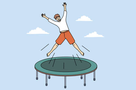 Summer activity and leisure concept. Smiling excited boy cartoon character jumping on trampoline outdoors feeling playful vector illustrationのイラスト素材
