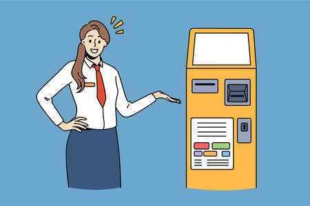 Bank representative and technologies concept. Young smiling woman working in bank standing and pointing at atm machine vector illustrationのイラスト素材