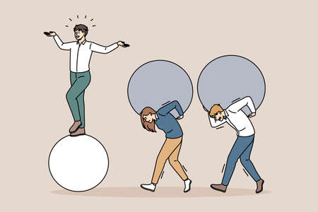 Easy business and tiredness concept. Young smiling happy confident businessman standing on ball...