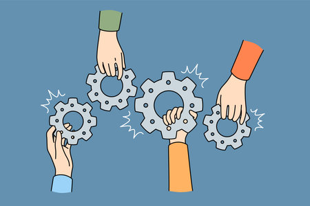 Teamwork collaboration and unity concept. Human hands of business partners holding gears as symbol of cooperation vector illustrationのイラスト素材