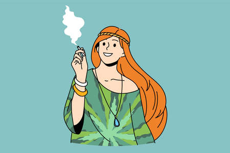 Living as hippie and free lifestyle concept. Young smiling woman hippie standing smoking cigarette feeling free vector illustrationのイラスト素材