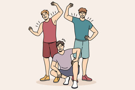 Athletes and sport lifestyle concept. group of young smiling strong men standing sitting showing biceps after workout vector illustrationのイラスト素材