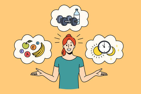 Healthy lifestyle and ration concept. Young positive pretty woman standing with healthy foods workout dumbbels and sleeping time schedule vector illustrationのイラスト素材