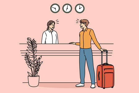 Checking in and reception concept. Young man client guest standing and communicating with young woman receptionist during check in in hotel vector illustrationのイラスト素材