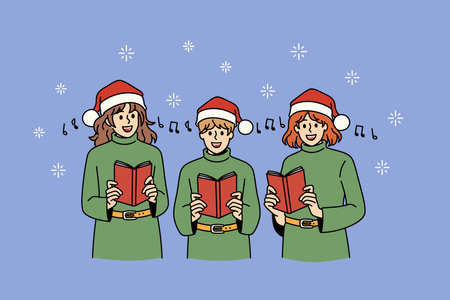 Gospel and Christmas celebration concept. Group of children teens in green sweaters and santa hats standing and singing traditional songs for holiday vector illustrationのイラスト素材